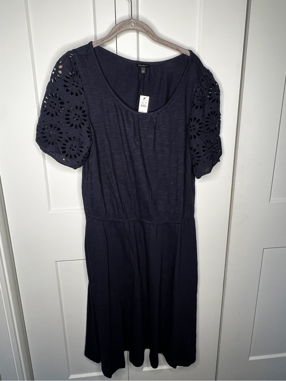 Talbots Navy Eyelet Sleeve Scoop Neck Midi Dress NWT Size Large